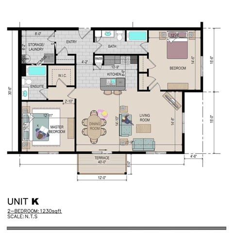 Floor plan for 2 beds, 2 baths, 1230 sqft